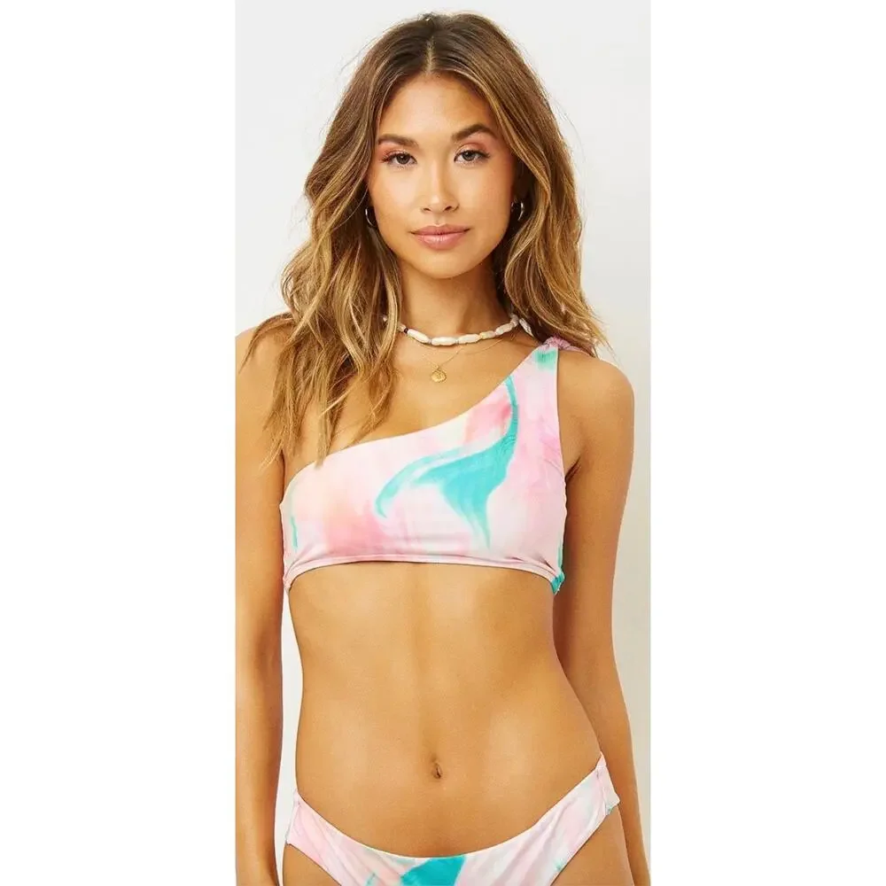 Frankie's Bikinis Taylor Top Trippy Tie Dye One Shoulder Bikini Top Pink Medium
